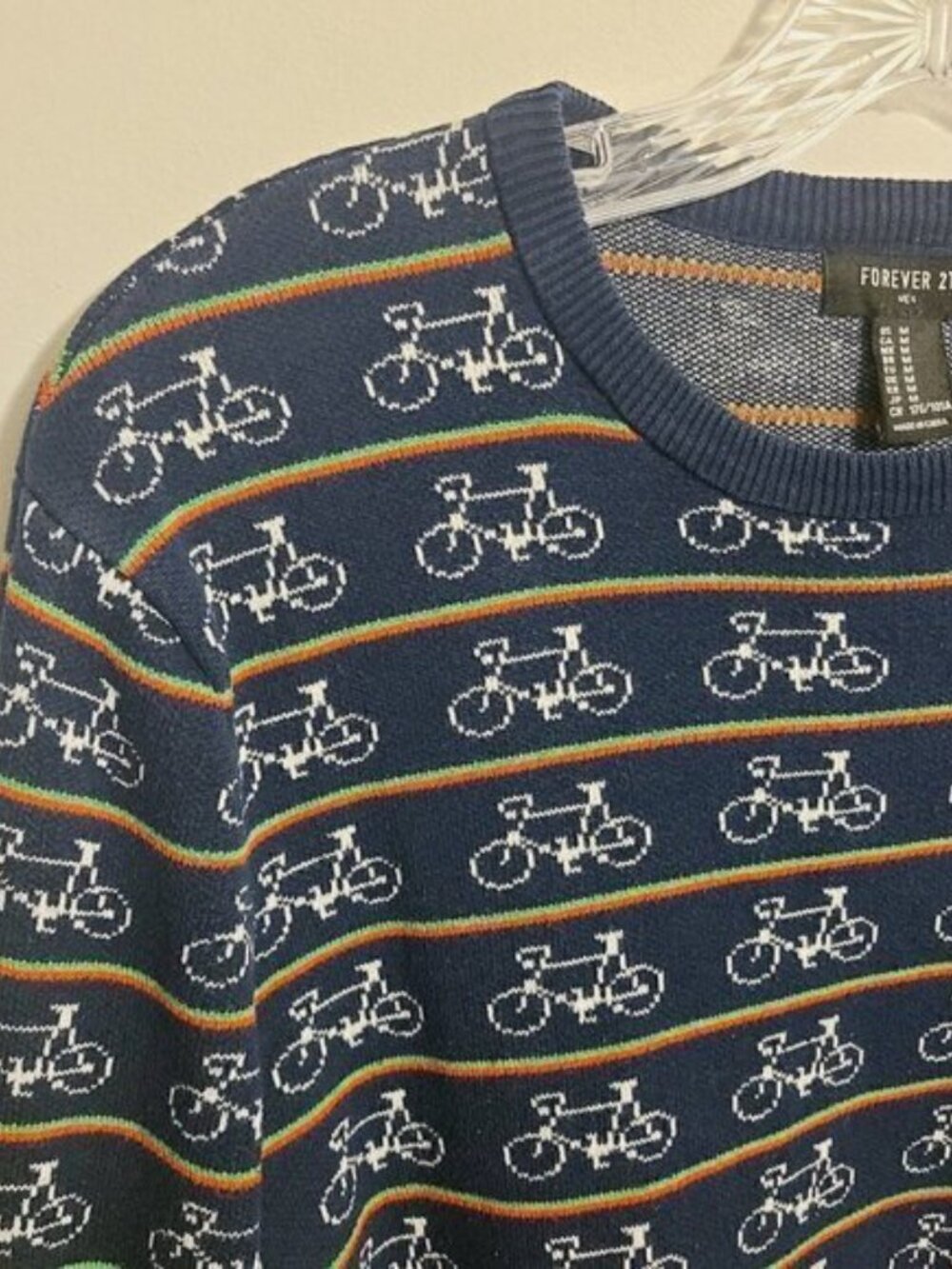 Forever 21 Men | Navy Bicycle Print & Striped Crewneck Sweater (Size Medium) - Picture 7 of 12